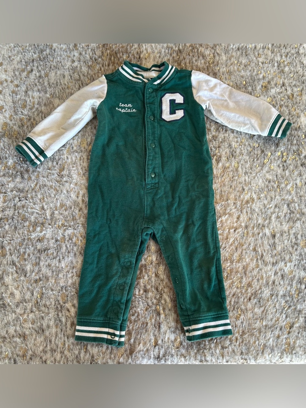 5 for $25🔥Carter's "Team Captain" Green Varsity Snap Bottom Jumpsuit Baby 12M
